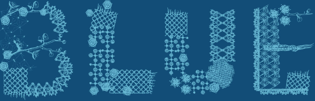 Blue lacework patterns on dark blue background.