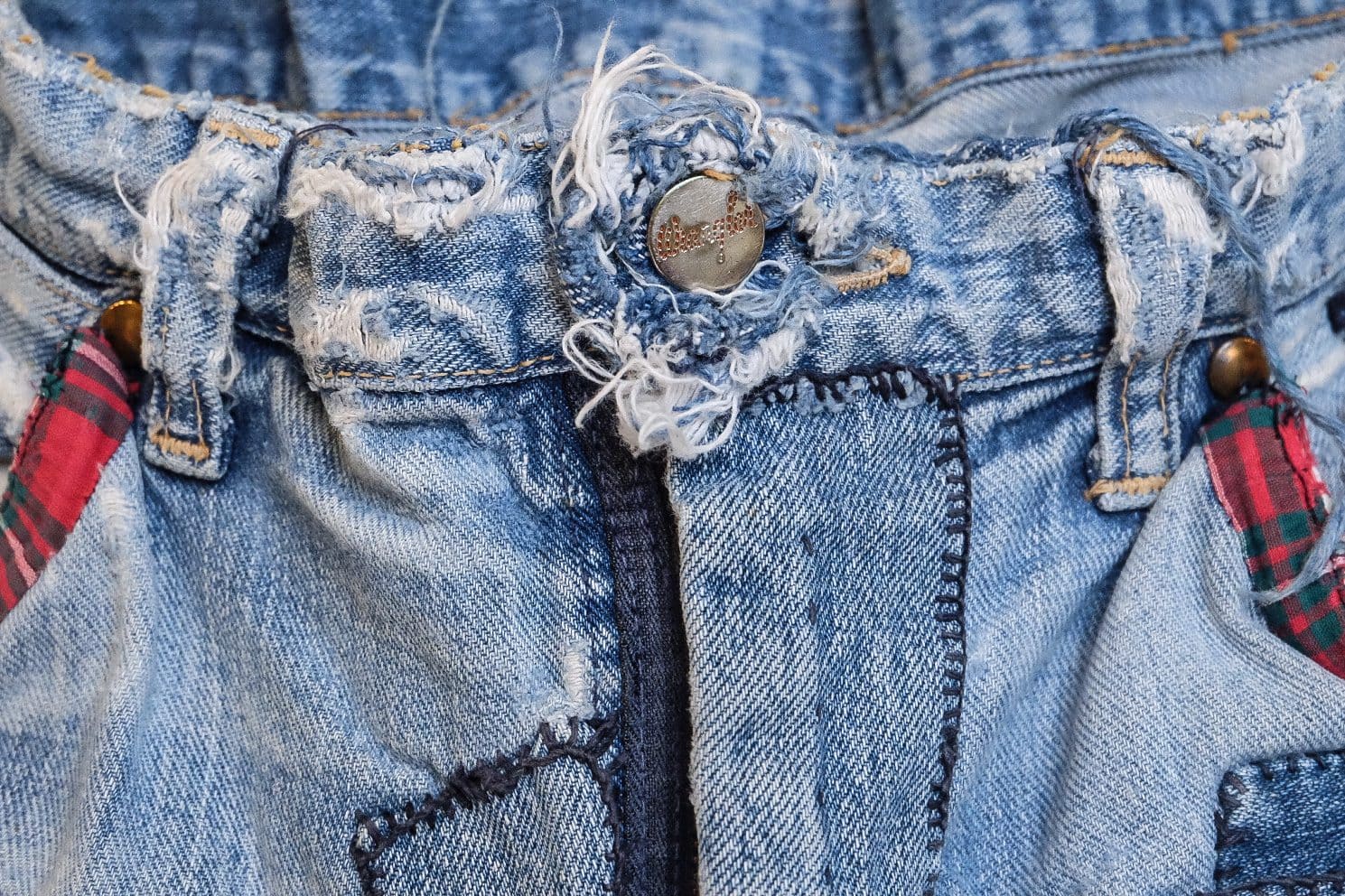 Closeup of blue denim jeans with button.