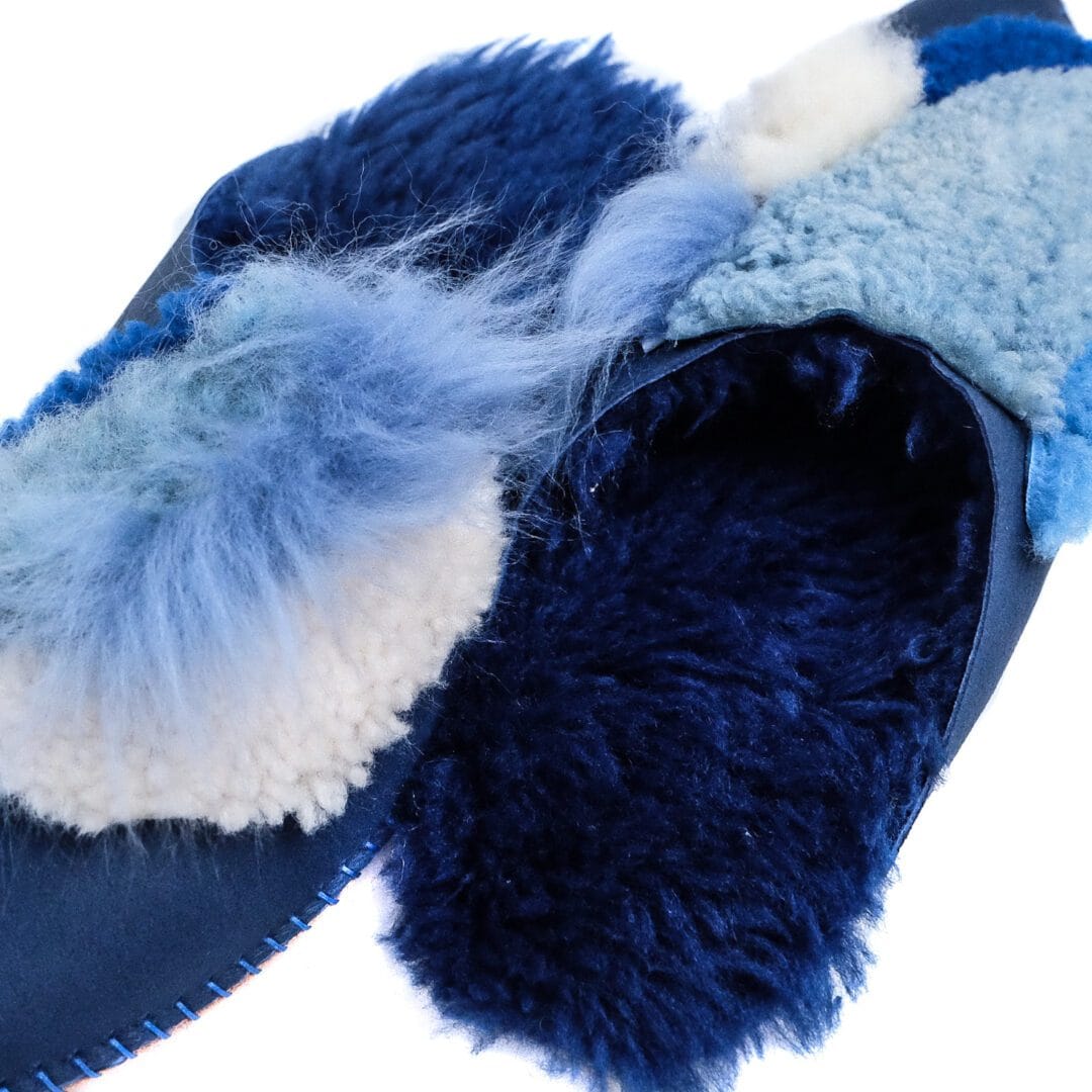 Blue and white fuzzy slipper