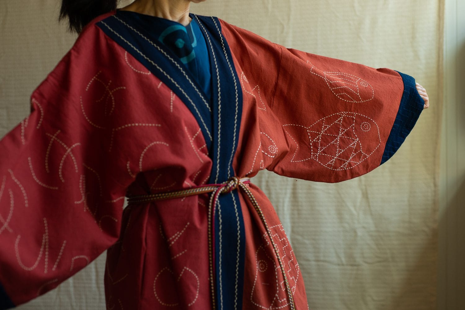 Red and blue patterned Japanese kimono.