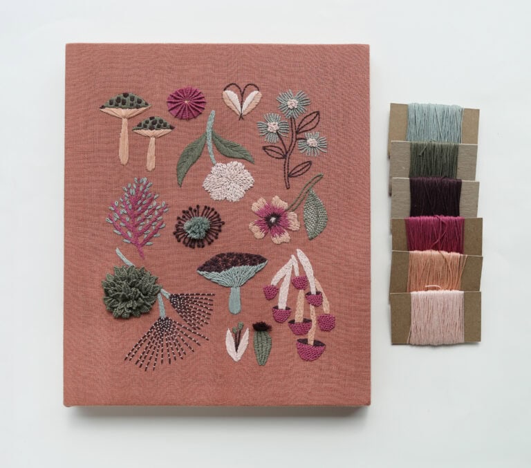 Embroidered floral and mushroom design.