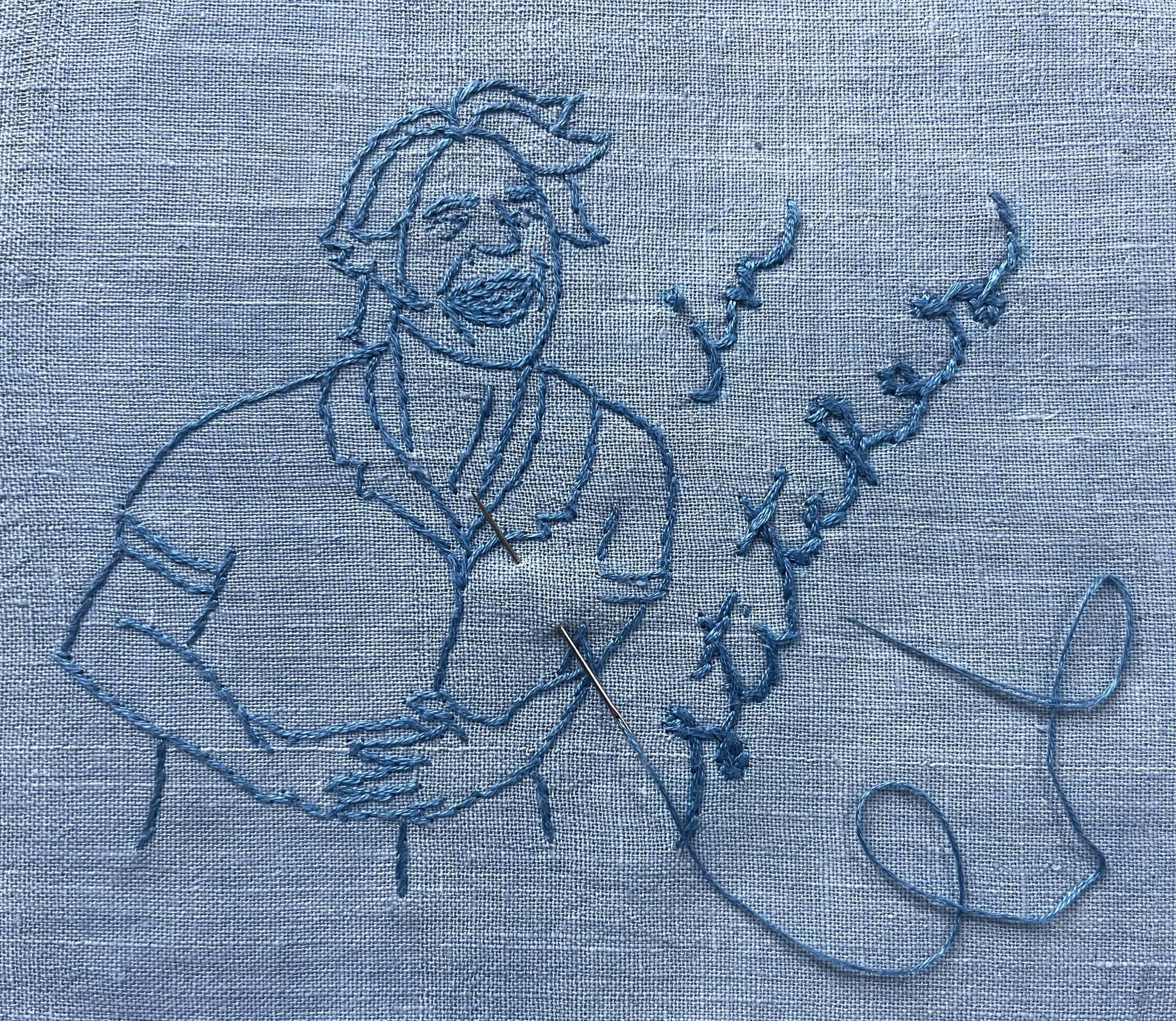 Embroidered image of a person holding a needle.