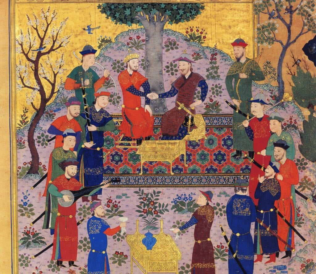 Persian miniature painting of a scene with men.