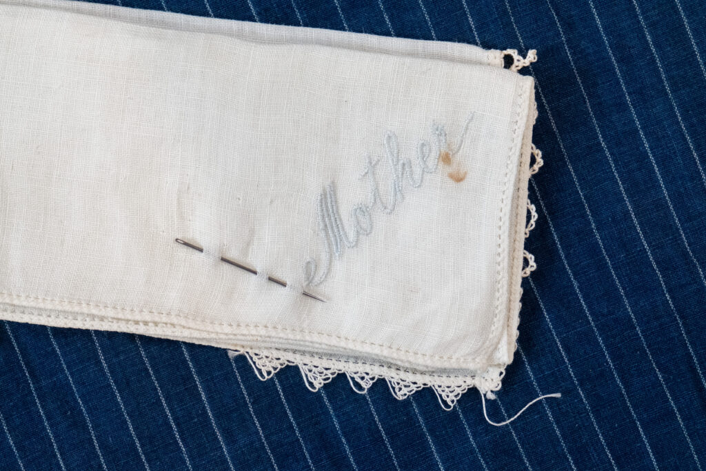Embroidered handkerchief with word "mother"