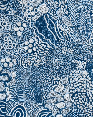 Blue fabric with white patterned design.