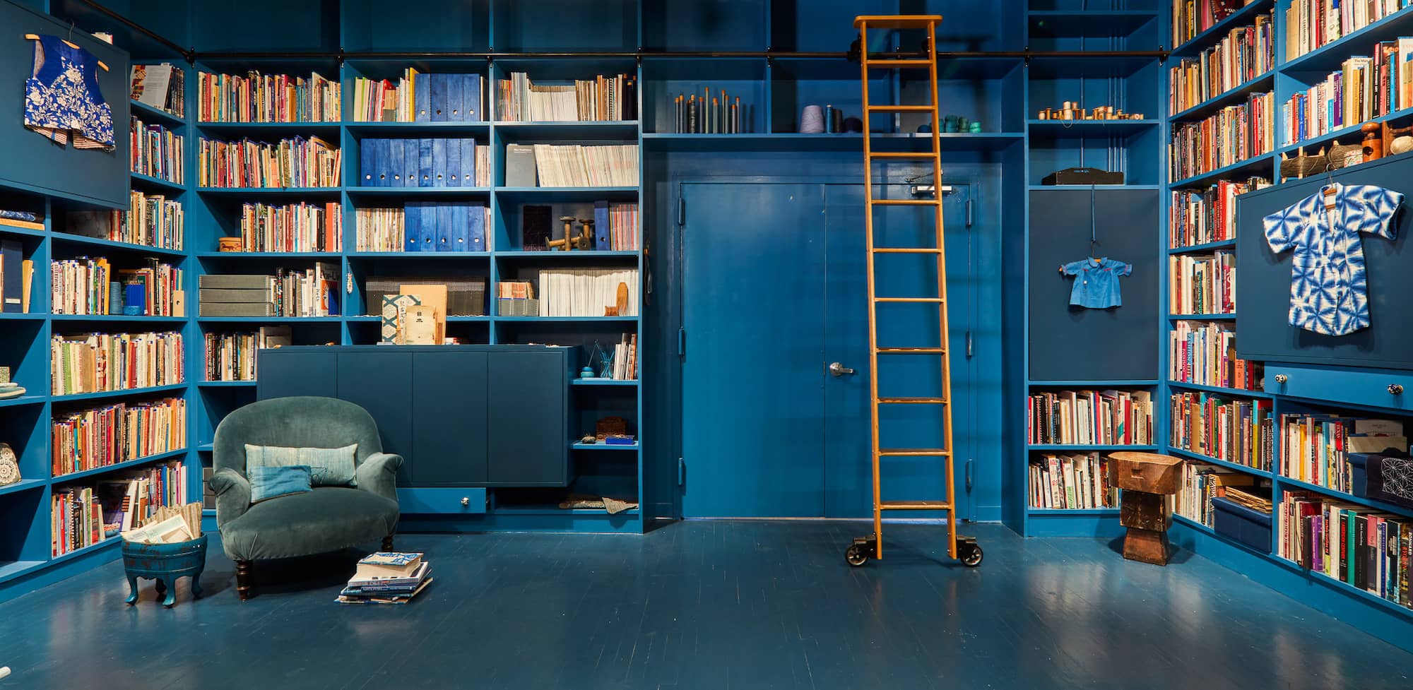 Blue room with bookshelves and a ladder.