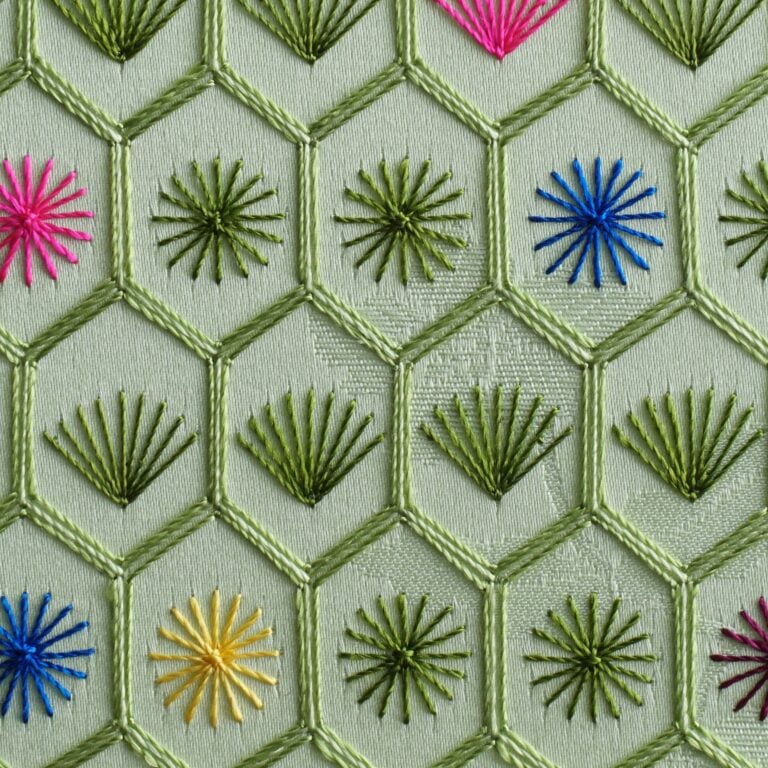 Colorful embroidered flowers on green fabric.