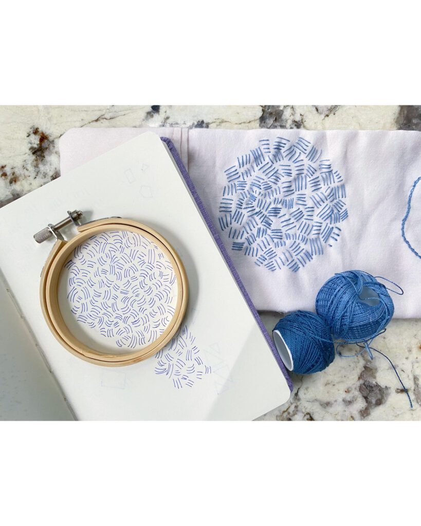 Embroidery hoop with blue thread and yarn.