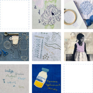 Embroidered artwork collage on fabric.