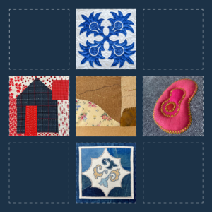 Six fabric squares with different designs.