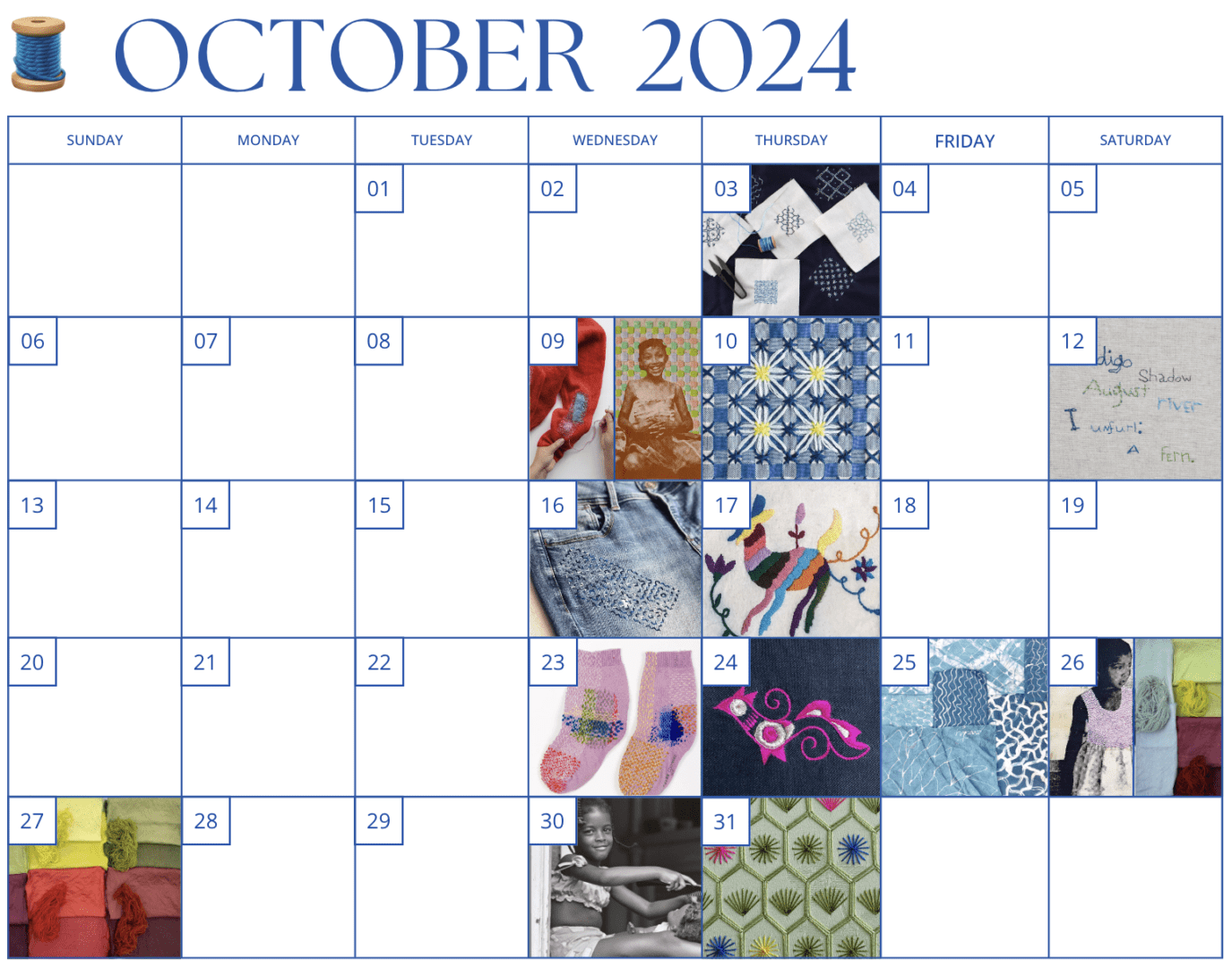 October 2024 calendar with embroidered images.