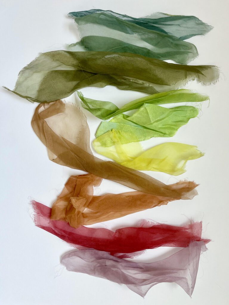 Rainbow of sheer fabric scraps on white.