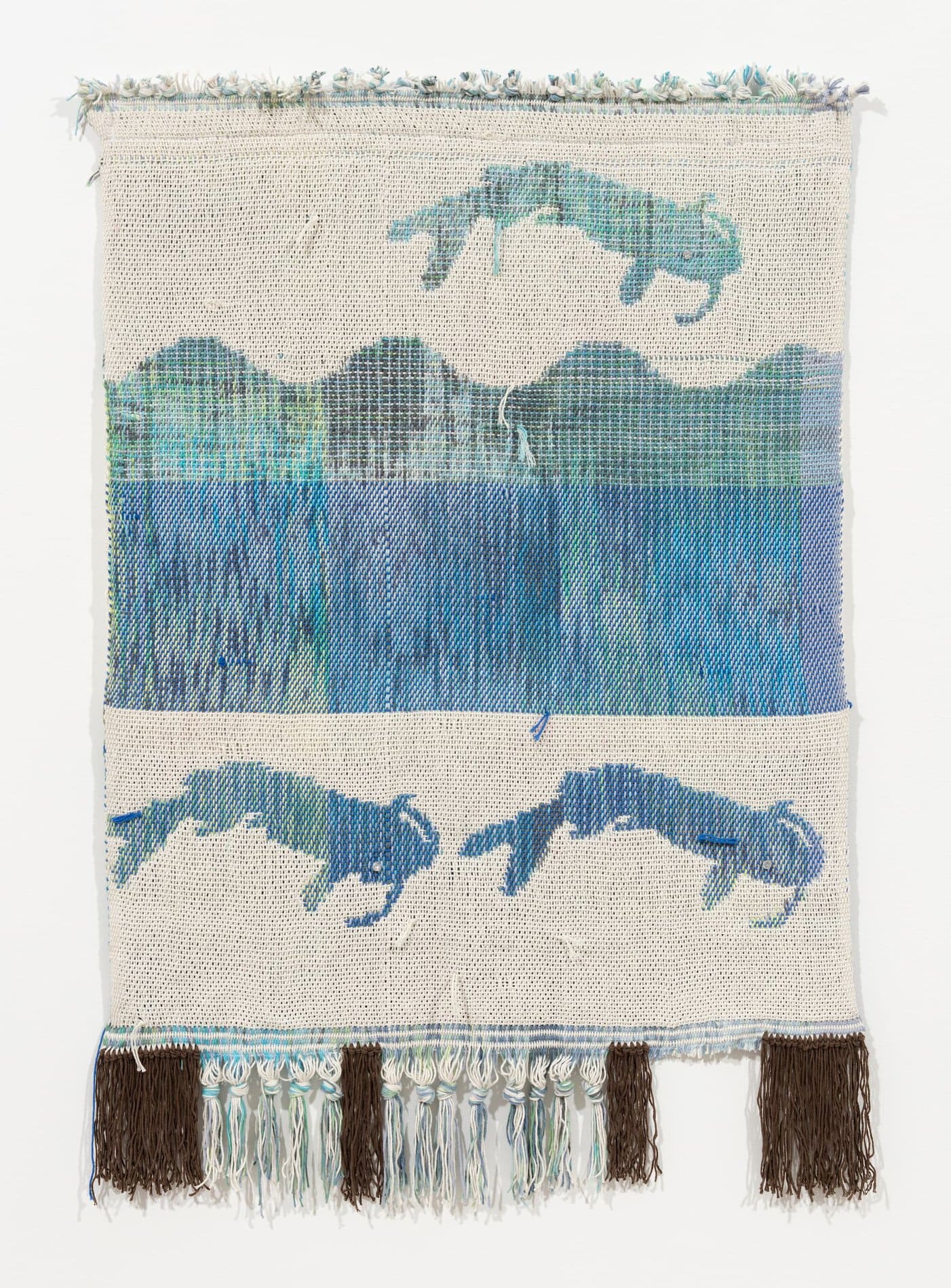 A white, blue, green, purple, and black weaving of sea creatures and water.
