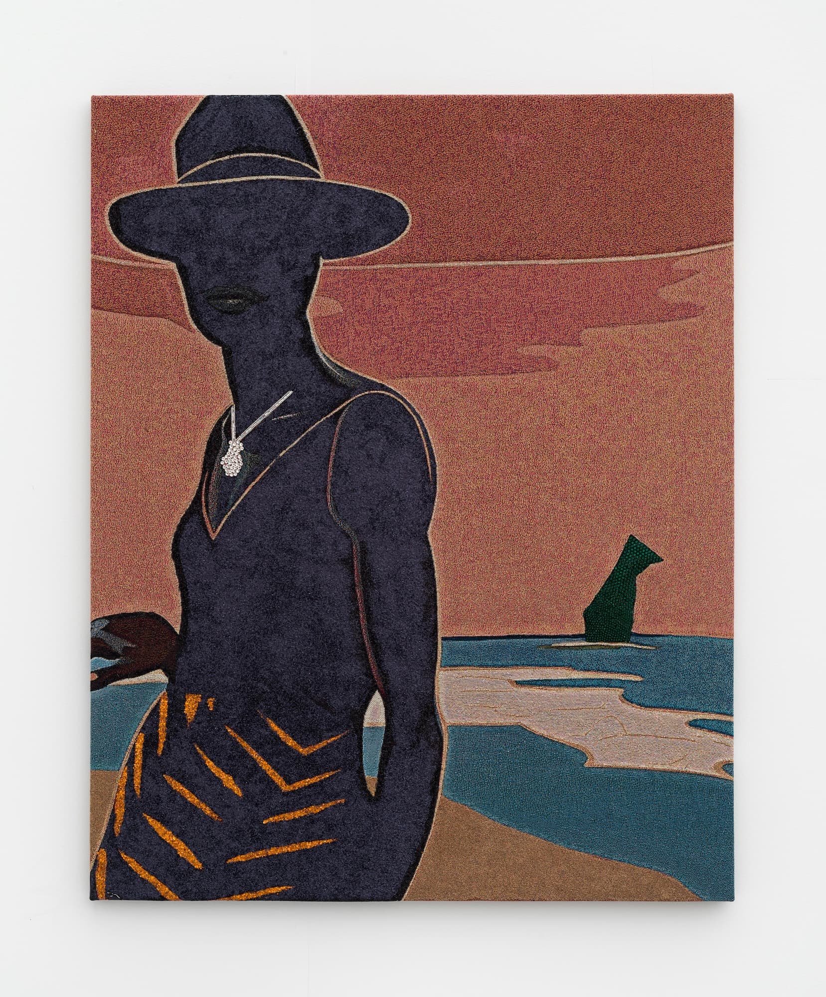 A tapestry depicting a black figure in a wide brimmed hat, a sleeveless shirt, a patterned skirt and a sparkly necklace standing on the sand in front of water and a red sky.
