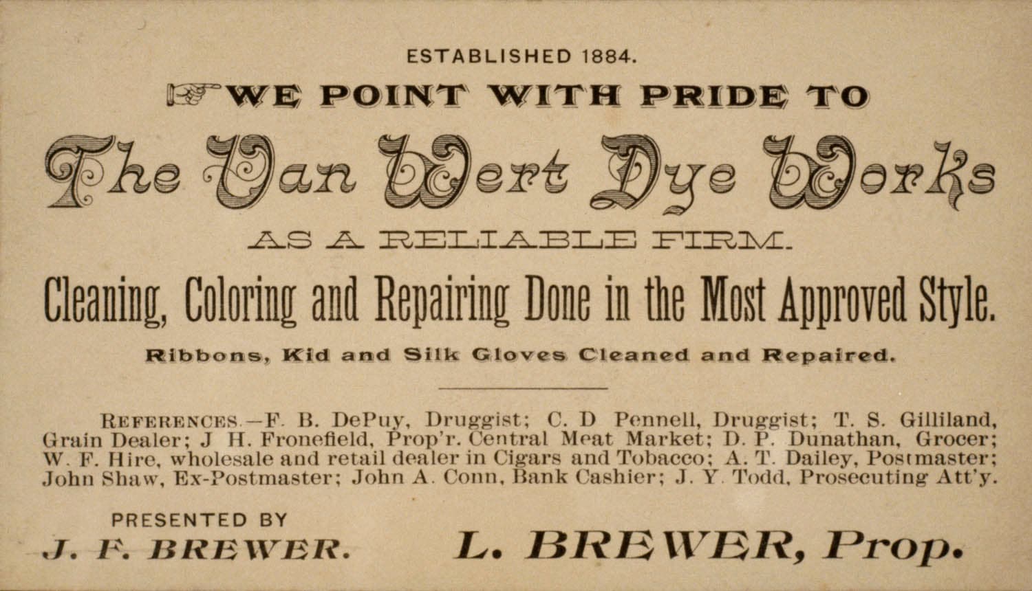 An 1884 business card for Van Wert Dye Works.
