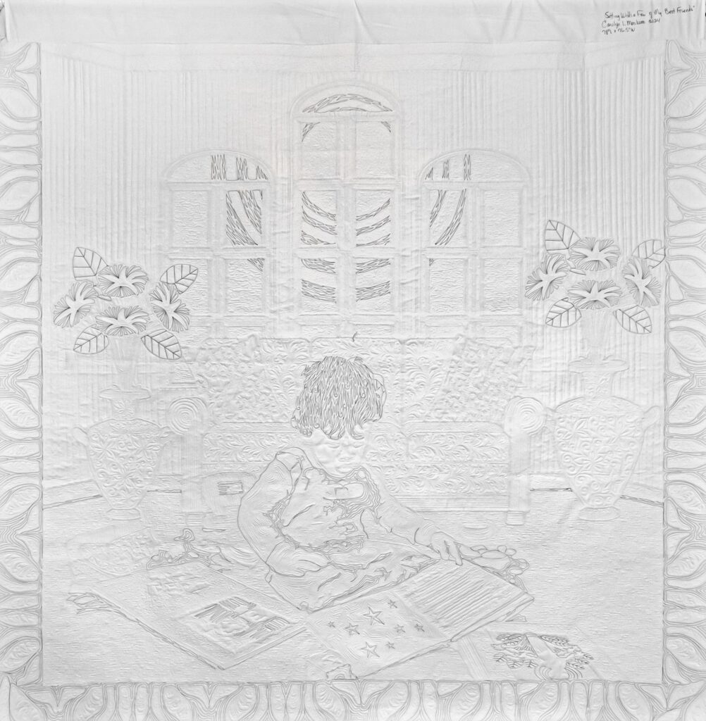 Detail of black and white stitching on white cloth quilt of a child sitting in a house surrounded by books and plants.

