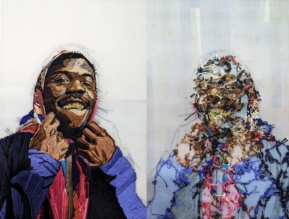 An embroidered portrait of a man smiling with gold teeth, posing with a kerchief around his head (front and back). 