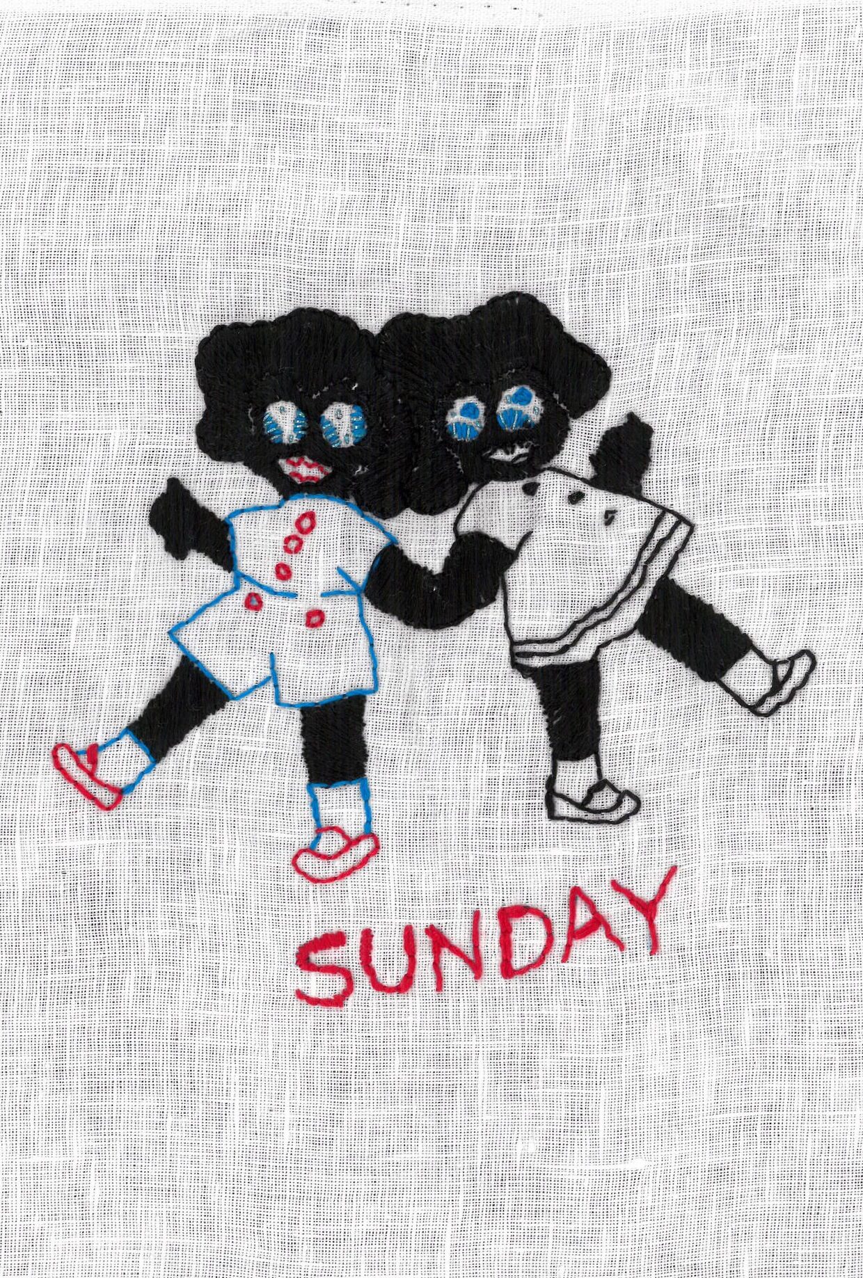 Embroidery on white calico ground of two black children in white outfits holding hands above the word “SUNDAY.”