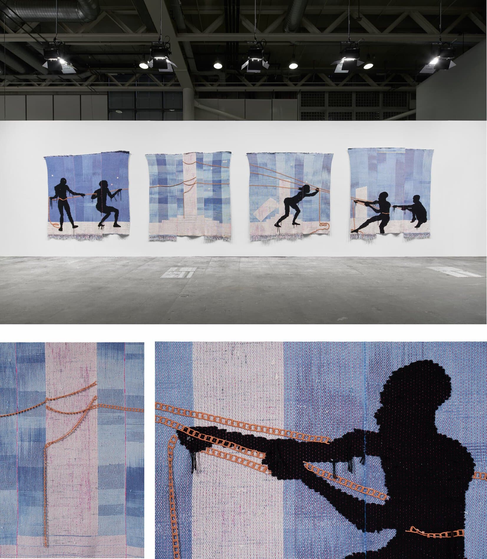 Four tapestries hung in a row on a big white wall: the first depicts two black silhouettes pulling a gold chain against a blue background; the second shows gold chains tangled around two vertical sections of blues; the third shows a black silhouette pulling one strand of the gold chain against a background of blues and a white structure; the fourth shows two black silhouettes pulling several strands of gold chain against a background of blues and a white structure.
